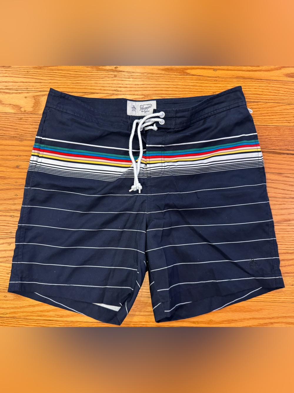 Original Penguin Navy Swim Shorts with Rainbow Stripe Waistband